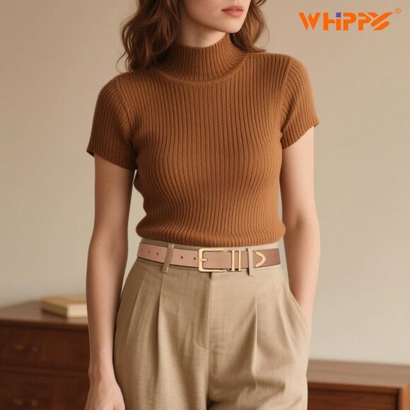Women Suede Belt Tan Gold Buckle Casual Waist Accessory for Jeans Pants main image 6